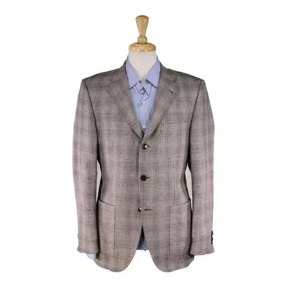 Emidio Tucci Brown/White Plaid Wool-Silk-Linen Patch Pocket